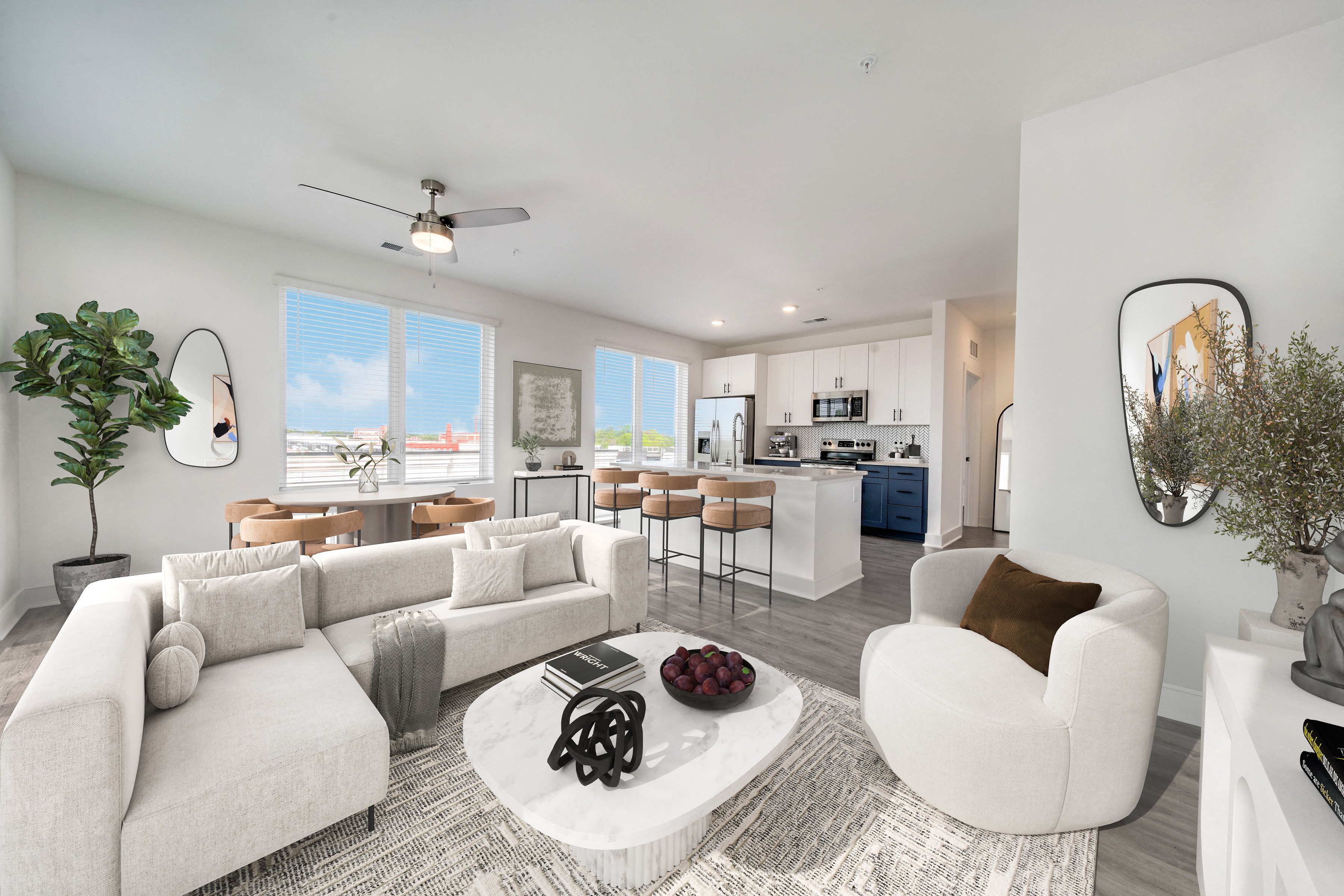 a living room with couches and a table